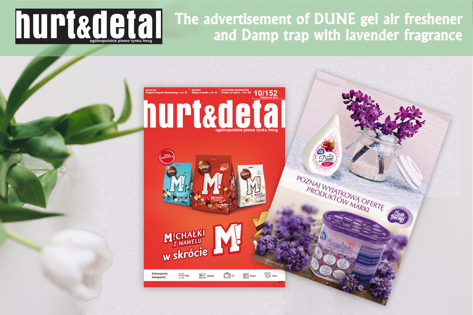 The ad of DUNE gel air freshener and Damp trap with lavender fragrance